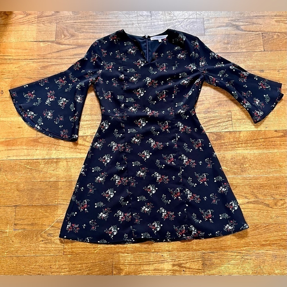 After Market Navy Blue Ditsy Floral Chiffon Mini Dress - 3/4 Bell Sleeve Size S